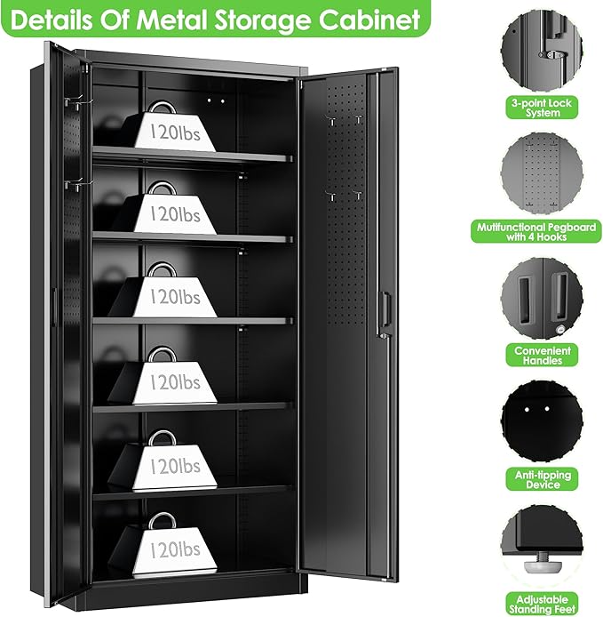 Metal Storage Cabinets with 2 Doors and 5 Adjustable Shelves, 71" H Lockable Garage Storage Cabinet with Pegboard and Hooks, File Cabinet with Lock for Office, Home, Garage, Black