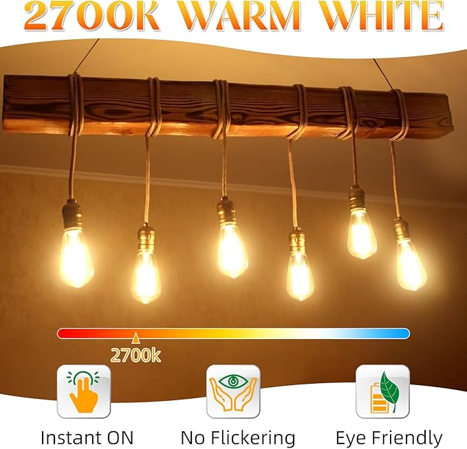 Edison Bulbs 60 watt LED Equivalent, Vintage Light Bulbs Non-Dimmable, 2700K Warm White, ST58 E26 LED Bulb, 90+ CRI, 6W 600LM, E26 Medium Base, Clear Glass, 12 Pack