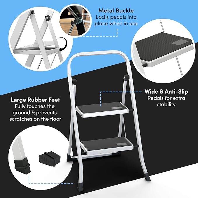 Lifetime Home 2-Step Ladder with Wide Anti-Slip Platform & Thick Rubber Feet - Lightweight Heavy Duty Foldable & Portable - 330 lbs Capacity, Steel Frame, Rubber Handgrip, Folding Step Stool - White