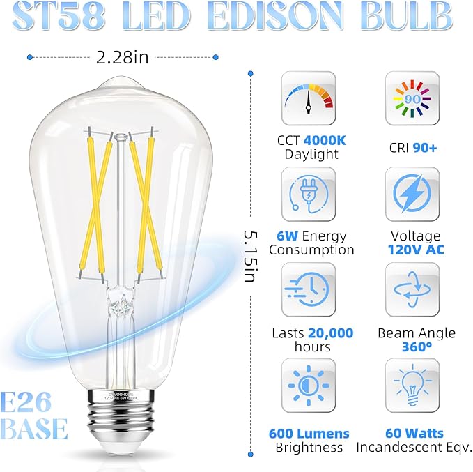 E26 Bulb, Non-Dimmable Edison Bulbs 60 watt Equivalent LED, 4000K Daylight White, ST58 Vintage Light Bulbs, 90+ CRI, 6W 600LM, E26 Medium Base, Clear Glass, 18 Pack