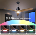 52" Ceiling Fans with Light, Solid Wood Ceiling Fan with Remote Control and DC Motor, with RGB Function, with 3 Fan Blades, Indoor-Outdoor Ceiling Fan for Living Room, Bedroom - Black + Walnut Color