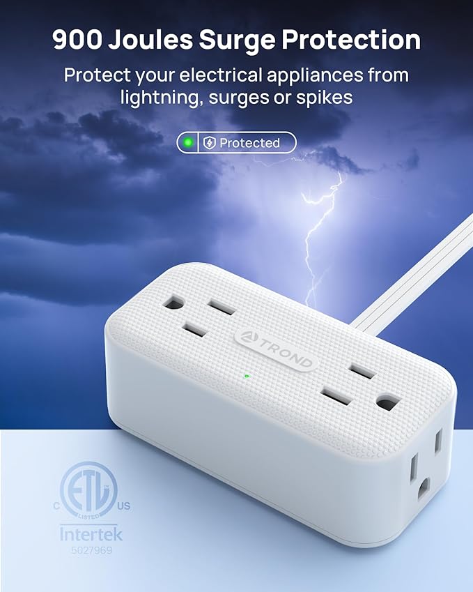 TROND 360° Rotating Plug 3FT Extension Cord, 4 Widely Spaced AC Outlets, Flat Plug Surge Protector, Wall Mount, Surge Protection Power Strip for Travel Kitchen Dorm Room Essentials, White