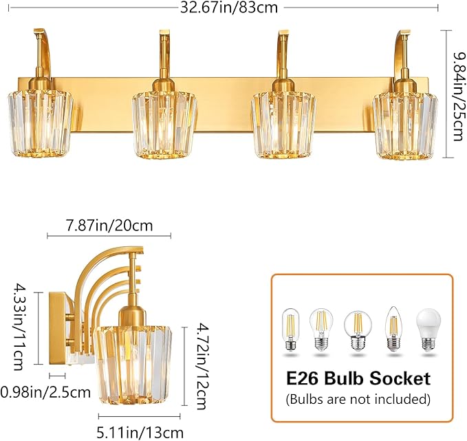 Modern Bathroom Vanity Light, 4-Light Gold Wall Sconce with Crystal Accents, Over Mirror Bathroom Lighting Fixture, 32.67" Long Dimmable Vanity Lamp for Makeup, Easy Installation
