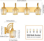 Modern Bathroom Vanity Light, 4-Light Gold Wall Sconce with Crystal Accents, Over Mirror Bathroom Lighting Fixture, 32.67" Long Dimmable Vanity Lamp for Makeup, Easy Installation
