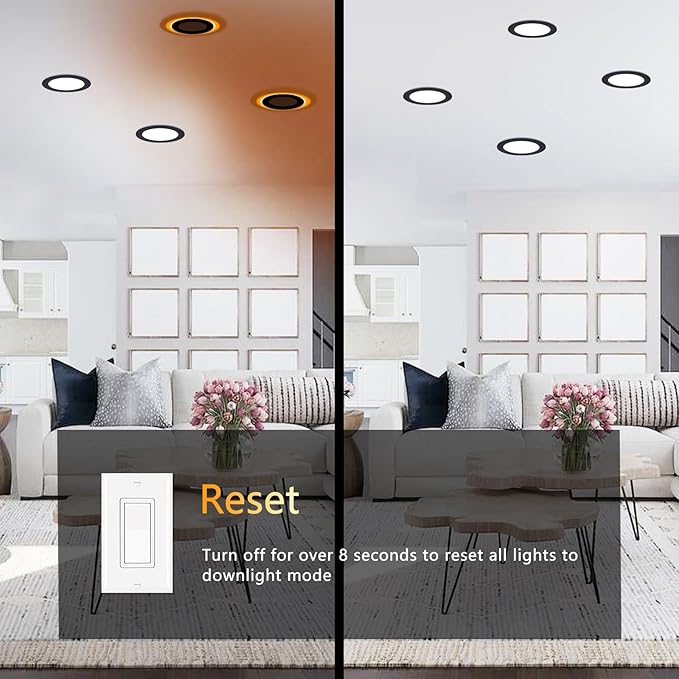 CycevSun 6 Pack Black Recessed Lights 6 Inch with Night Light, Canless Ultra Thin Wafer Downlight Indoor Outdoor Exterior Soffit, Dimmable & 5 Color Selectable, 12W, ETL Listed