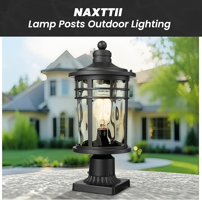 Outdoor Post Light Hardwired Waterproof Aluminum Pole Light Fixture with Water Ripple Glass Exterior Lamp Post Lantern for Garden Yard Patio Pathway 14.6 Inch E26 Socket