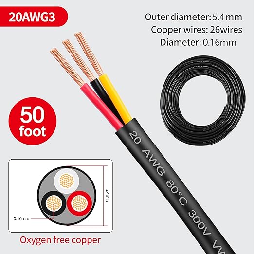20 Gauge Wire 3 Conductor,20 AWG Electrical Wire Stranded PVC Cord Oxygen-Free Copper Cable,50FT 3 Core Pure Copper Flexible Cable Wire for LED Lamp Lighting Strips Automotive (20AWG-3C, 50FT)…