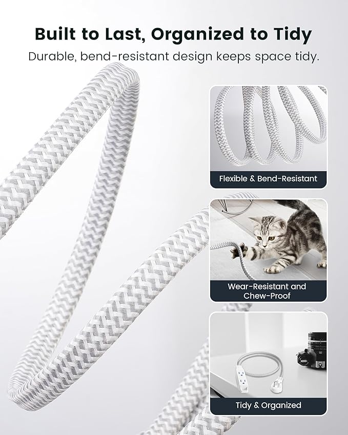 SURAIELEC Flat Extension Cord 3FT, 360° Rotating Flat Plug Extension Cord with 3 Outlets, Braided White Cord for Indoor Use, Small Space, Compact Areas, 16/3C SPT, ETL Listed, 2 Pack