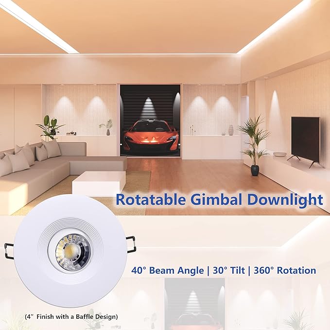 Premium Canless Recessed Gimbal Downlight Rotatable-Spotlight 5 CCT 4 Inch Eyeball Ceilling Potlight, Dimmable Lights Fixture with Junction Box, 8W, White Round Trim, with Baffle, 6P