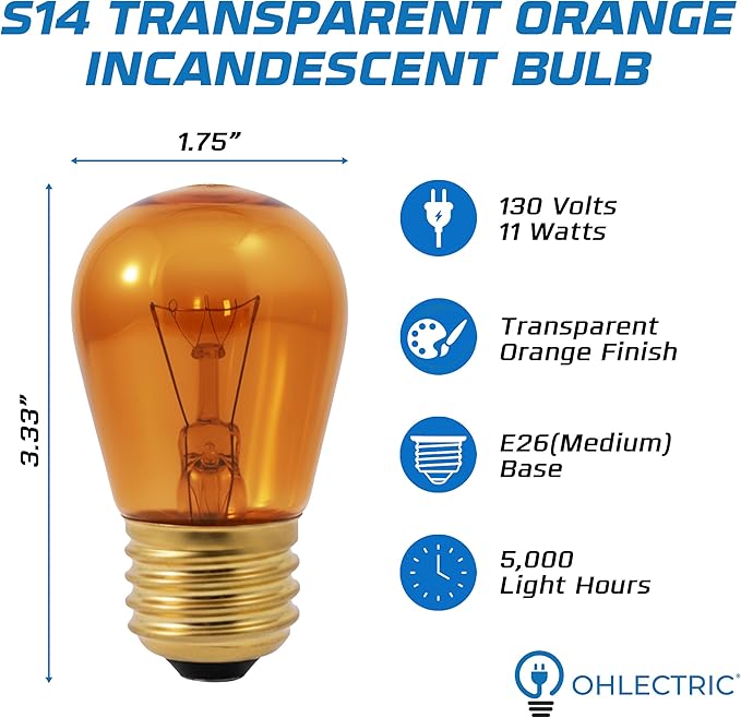 OHLECTRIC Amber Night Light Bulbs (10-Pack) 11-Watt S14 Sign Bulb, Decorative Light Bulbs, E26 Medium Base, Colorful Bulbs, Dimmable, Sign Replacement Lamp for Indoor & Outdoor Use. Avg Hours 5000
