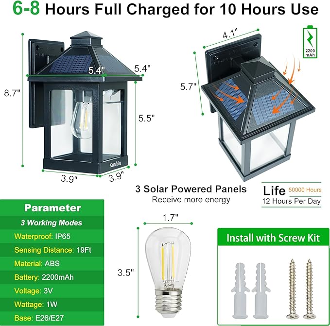 Solar Wall Light Outdoor with 3 Lighting Modes, Dusk to Dawn Led Wall Mount Sconce Exterior Motion Sensor Security Porch Lantern Light Fixture Waterproof for Patio Fence Outside Decorative
