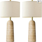 BOBOMOMO 27.25" Modern Table Lamp Set of 2, Beige Resin Lamp with Natural Stone Look, Travertine Lamps for Living Room with Linen Shades, Bedside Lamp for Bedroom, Living Room, Nightstand, Entryway