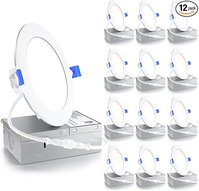 Ensenior 12 Pack 4 Inch LED Recessed Light, Dimmable, 3500K Neutral White, 750LM High Brightness, 9W 120V, 2 Pin, ERL-9X-ETL, Damp Rated, Ultra-Thin Canless Wafer Ceiling Light - ETL & FCC & IC