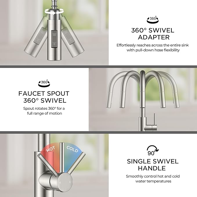 FORIOUS Kitchen Faucet with Pull Down Sprayer, Classic Brushed Nickel, Single Handle High Arc Stainless Steel Kitchen Sink Faucet, 1 or 3 Hole Deck Mount for RV, Bar, Farmhouse, Laundry, Outdoor