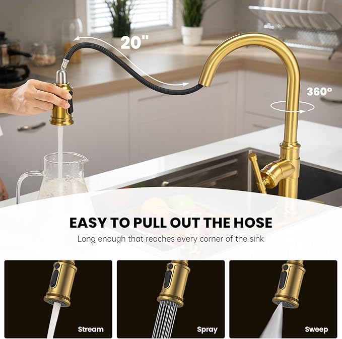 DAYONE Touchless Brushed Gold Kitchen Sink Faucets with Soap Dispenser, Pull Down Motion Sensor Hand-Free Single Handle Faucet for Kitchen Sink High Arc, DAY136TL-BTG