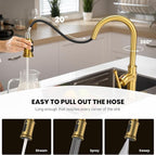 DAYONE Touchless Brushed Gold Kitchen Sink Faucets with Soap Dispenser, Pull Down Motion Sensor Hand-Free Single Handle Faucet for Kitchen Sink High Arc, DAY136TL-BTG