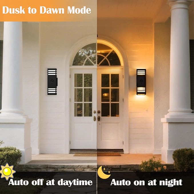 wowlite Motion Sensor Outdoor Lights 2 Pack, Dusk to Dawn Porch Light Outdoor Wall Sconce, 3 Lighting Modes Exterior Lighting Fixture Wall Mount Waterproof, Black Aluminum Outside Lights for House