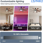 52 Inch Ceiling Fans with Lights, Brown Ceiling Fan with Light and Remote Control, Reversible DC Motor, 3CCT, Dimmable, Timer, Noiseless, Ceiling Fan for Bedroom Living Room, Indoor/Outdoor Use