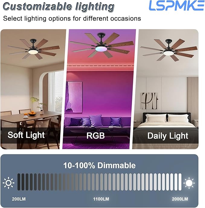 52 Inch Ceiling Fans with Lights, Brown Ceiling Fan with Light and Remote Control, Reversible DC Motor, 3CCT, Dimmable, Timer, Noiseless, Ceiling Fan for Bedroom Living Room, Indoor/Outdoor Use