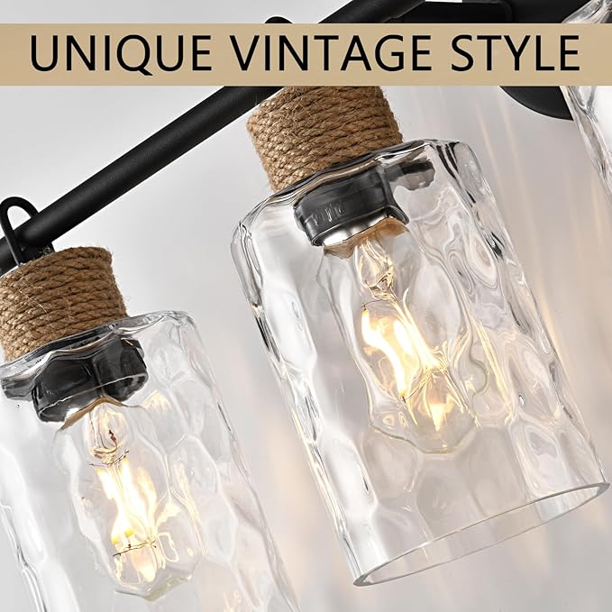 4-Light Bathroom Light Fixtures, Coastal Vanity Lights with Crystal Glass Shade, Black Bathroom Wall Lamp for Mirror Kitchen Hallway Bedroom