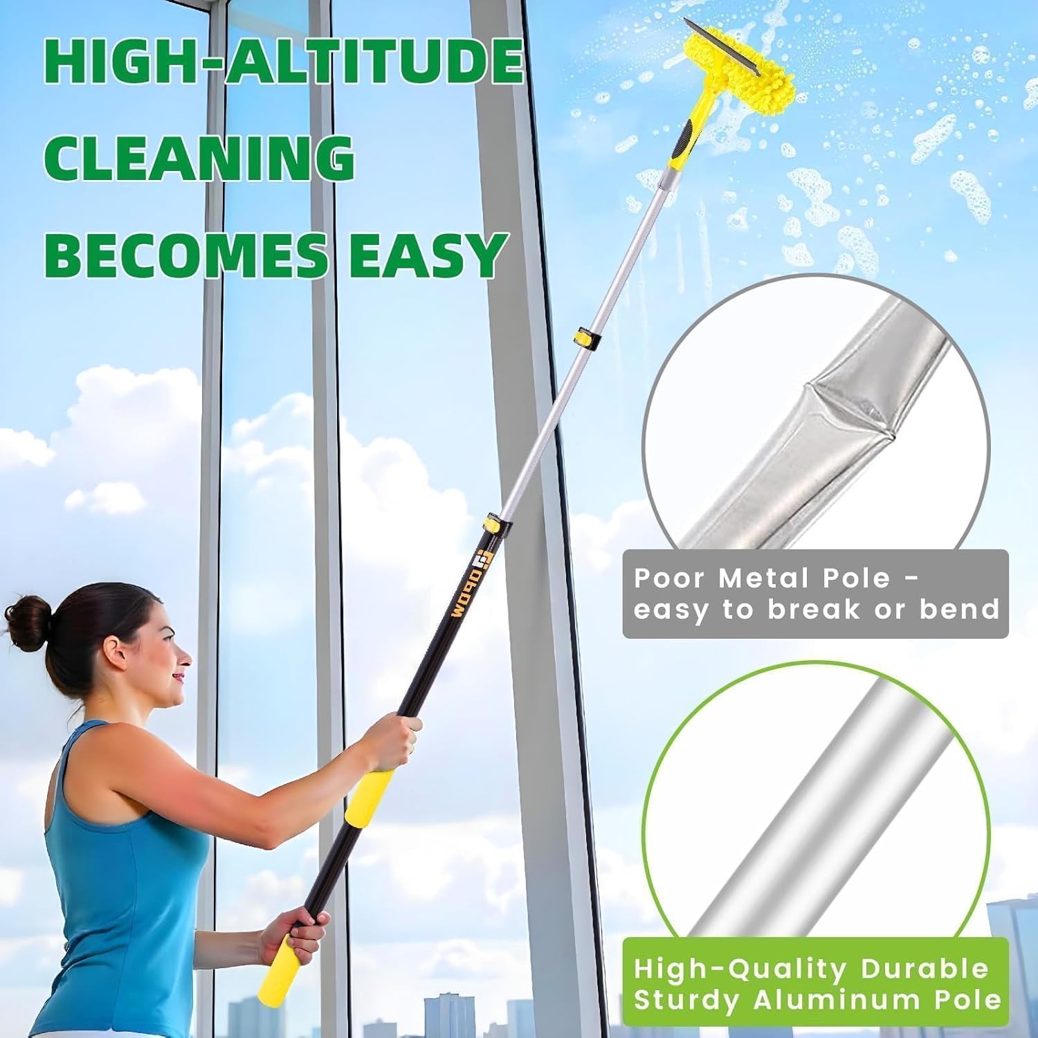 144'' Long Reach Window Squeegee with Telescoping Extension Pole,2 in 1 Shower Cleaning with Telescopic Pole,Extension Washing Tool with Rotatable Clean Head for Indoor/Outdoor High Window Glass
