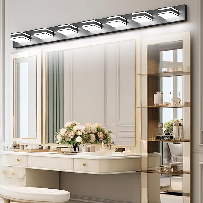 Ralbay 55inch Black Vanity Light 5 Color Temperatures (3000K-6000K) Dimmable Metal Acrylic LED Modern Matte Black Bathroom Wall Lighting for Mirror (7-Light)