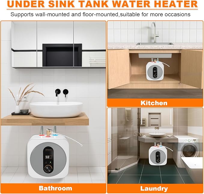 2.5 Gallon Mini Tank Water Heater,Under Sink Instant Hot Water with LED Display,1500W 120V Compact Design Small Water Heater for RV,Kitchen,with 1/2" NPT T&P Valve,3-Way Fitting Valve Grey