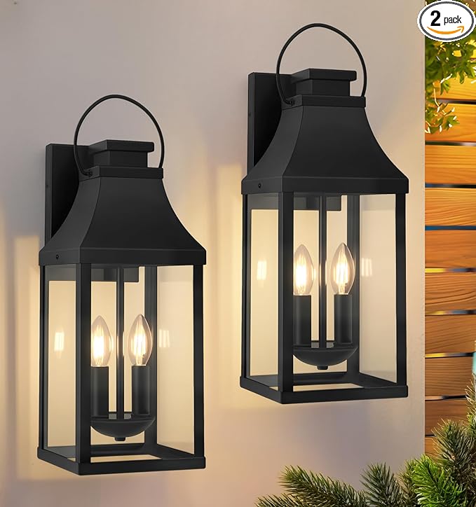 tewei 2-Pack Outdoor Wall Lights, 20'' Porch Light Outdoor Wall Sconce Lantern, Modern Black Exterior Lighting Fixture Wall Mount, Outside Light for House Garage