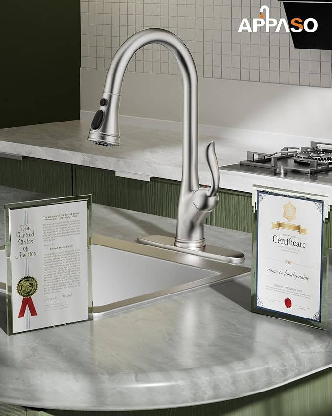 APPASO Brushed Nickel Kitchen Faucet, Single Handle Kitchen Faucet with Pull Down Sprayer, Stainless Steel High Arch, Neoperl Aerator, CUPC-Certified Pull-Out Hose, Water Supplies and Valve Core