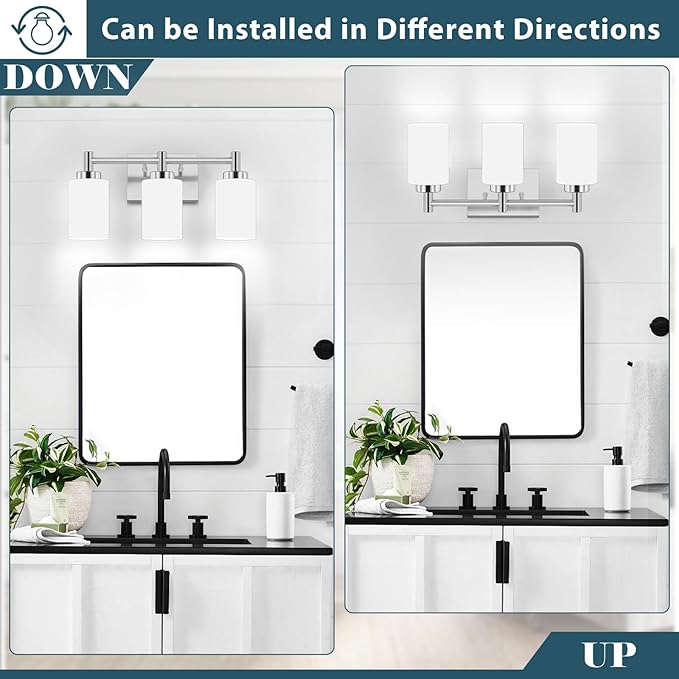 3-Light Brushed Nickel Bathroom Light Fixtures Over Mirror, Rustproof Brushed Nickel Vanity Light, Modern Bathroom Vanity Lights with Milky White Glass Shades, Wall Sconces for Bathroom Lighting