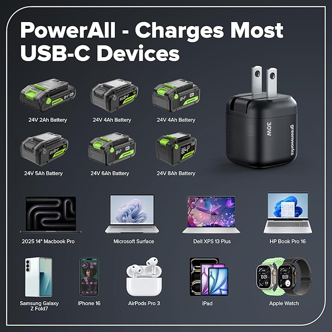 Greenworks 24V Cordless Brushless 400 in-lbs Drill/Driver, Lightweight, LED Work Light,18+1 Clutch, 2.0Ah USB-C Battery (12,000mAh Power Bank),30W USB-C Charger and USB C to USB C Cable(3.3FT)