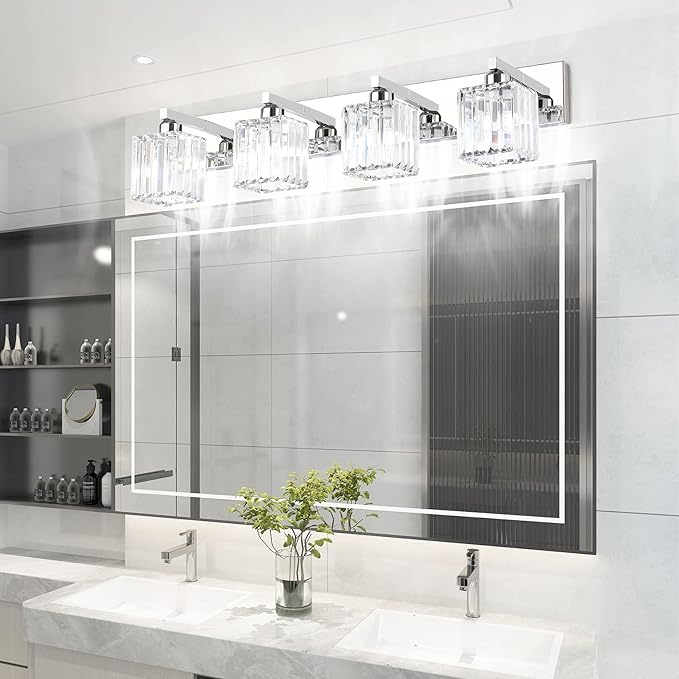 Aipsun Bathroom Light Fixtures Crystal Modern Vanity Lighting Fixtures 4 Light Chrome Bathroom Vanity Light (Exclude Bulb)