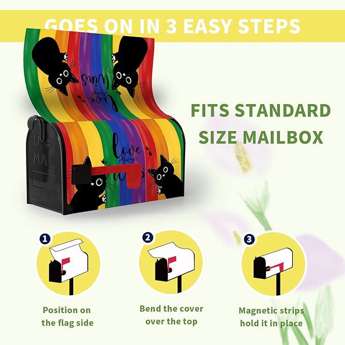 Rainbow Gay Pride Magnetic Mailbox Covers Standard Size 21 x 18 Inch Black Cat Love Always Wins Mailbox Post Cover LGBTQ Letter Box Wraps Waterproof Garden Yard Home Decor for Outside