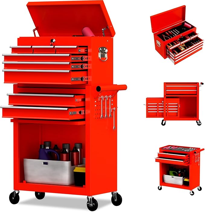 8 Drawer Rolling Tool Chest, High Capacity Tool Box with Lockable Wheels and Drawers, 2 in 1 Portable Toolbox Organizer Storage Cabinet for Garage, Warehouse, Repair Shop, Red