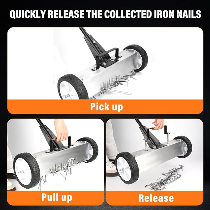 E BAVITE Nail Magnetic Sweeper,24 InchesHeavy Duty Telescopic Magnet Broom Large Rolling Nail Finder Magnet Tools with Wheels Cleanup and Long Adjustable Handle for Construction Yard