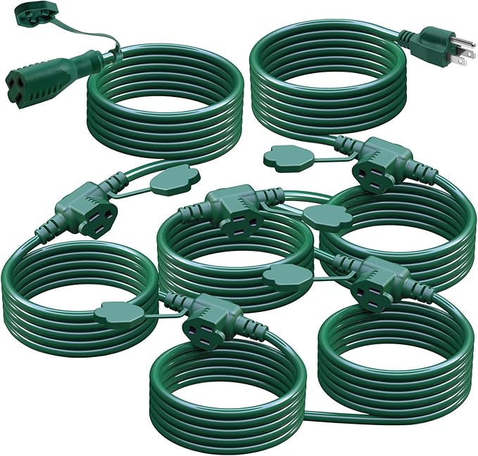 50Ft Outdoor Extension Cord Multiple Plugs- Evenly Spaced 6 Outlets Plugs with Safety Cover, 16/3 SJTW Green Outdoor Extension Cord for Landscape, Christmas Tree Lights, Holiday, ETL Listed