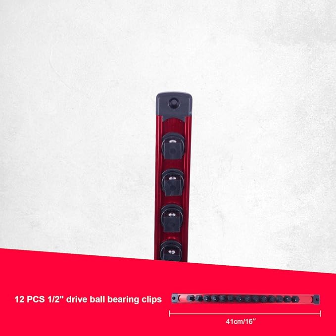 Magnetic Socket Holder Organizer Set:1/2-Inch Drive Socket Trays Socket, 360° Swivel 12 Clips Socket Holder Kit, For Automotive Mechanic Garage (Red)