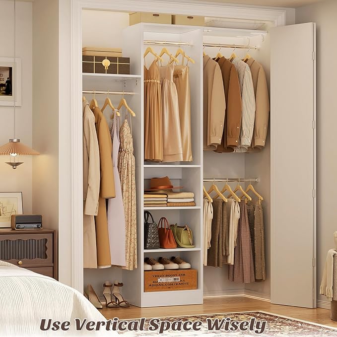 48" Small Closet Organizer, 4FT Closet System for Small Closets with 4 Hanging Rods & 3 Shelves, 80"H Small Closet Organizers and Storage for Bedrooms, Cloakrooms, White