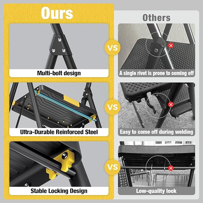 3 Step Ladder, Heavy-Duty 800lb Capacity, Wide Anti-Slip Steps & Secure Handrail Compact, Folding Step Stool Portable Design for Home, Kitchen, Office, Pantry, Closet Use, Black