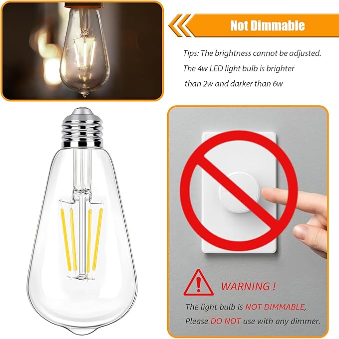 4 Pack Cool White LED Edison Bulbs 40W Equivalent, ST19 4W LED Vintage Light Bulbs for Ceiling Lamp, Non-Dimmable, 90 CRI, 450LM, E26 Base, 4000K