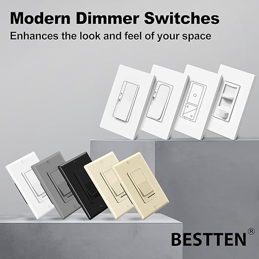 BESTTEN 10 Pack Dimmer Light Switch, Single-Pole or 3-Way Dimmer Switches, 120V, Compatible with Dimmable LED, CFL, Incandescent and Halogen Bulbs, Decorator Wallplate Included, UL Listed, White