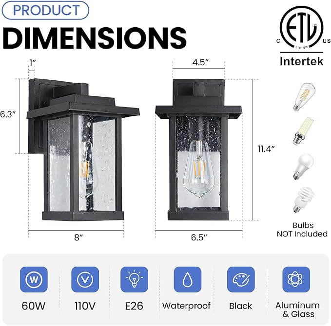 Black Exterior Light Fixtures 2 Pack, Farmhouse Outdoor Wall Sconce, Modern Front Porch Light with Seeded Glass for House Patio Garage Entrace