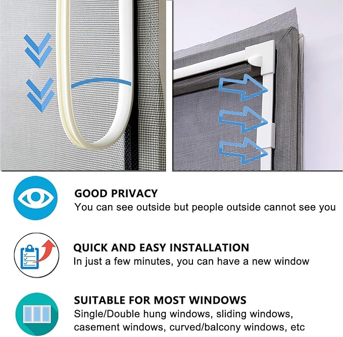 DIY Magnetic Window Screen Replacement Adjustable Mesh Screen with Magnets Fits 72"Hx48"W Black Frames with Grey Fiberglass Screen