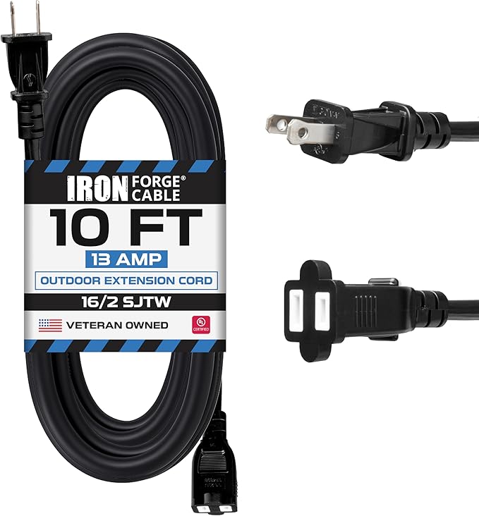 Iron Forge Cable 10 Ft Black Extension Cord, 16/2, 10 Foot Extension Cord with 2 Prong Polarized Plug, Weatherproof - Great for Outdoor & Indoor Use