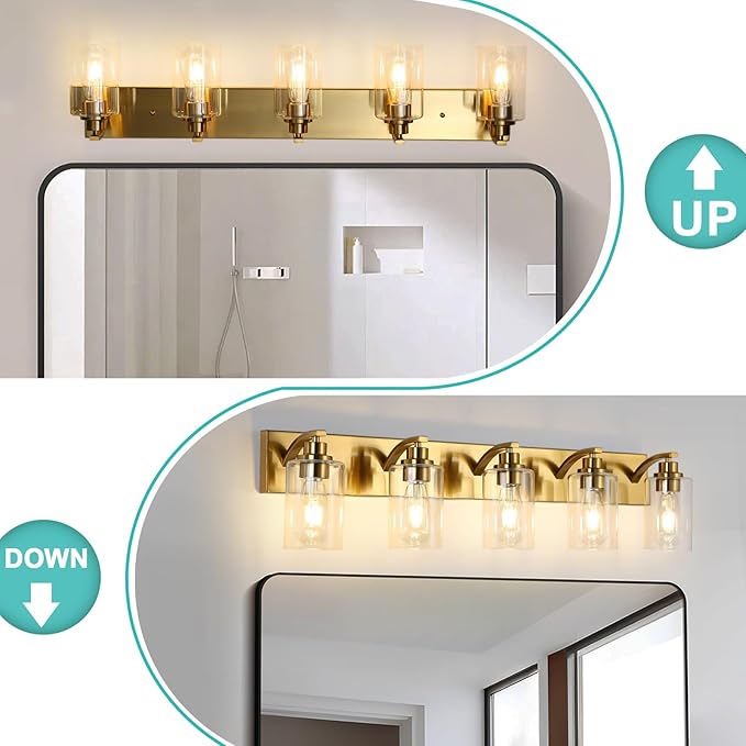5-Light Bathroom Light Fixtures Modern Gold Vanity Lights for Bathroom Lighting Fixtures Over Mirror with Clear Glass Shade for Cabinet Mirror Bedroom Hallway