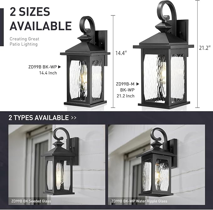 zeyu 21.2 Inch Outdoor Wall Fixture, Large Outdoor Sconce Lights for Patio Garage, Die-Cast Aluminum with Water Ripple Glass, Black Finish, ZD99B-M BK-WP