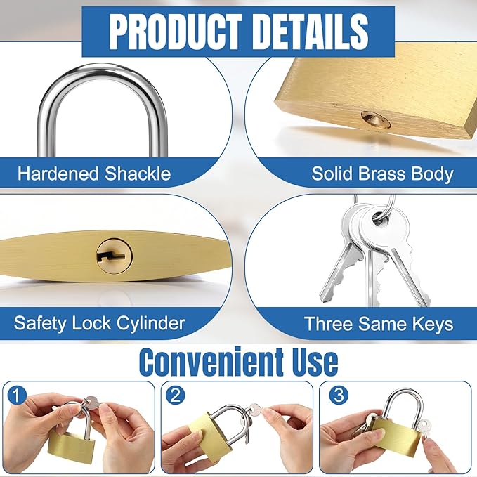 6pcs Solid Brass Keyed Padlock, Small Yellow Gym Lock, Strong Padlock with Same Key for Luggage Toolbox (60mm)