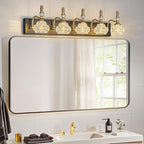 Modern Glass Crystal Vanity Light - Vintage Bathroom Lighting Fixtures Over Mirror, 5 Light Vanity Lights G9 Bulb (35.43 Inch, Black Gold)