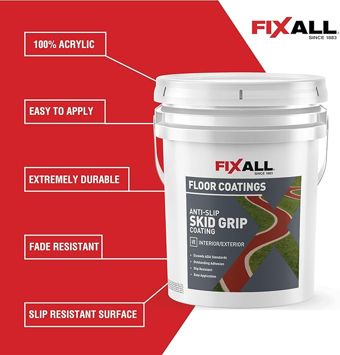 FIXALL Skid Grip Anti-Slip Coating, 5 Gallons, Crimson, Exceeds ADA Standards, Ideal for Safety Areas, Slip-Resistant Pavement, Cement & Concrete Paint