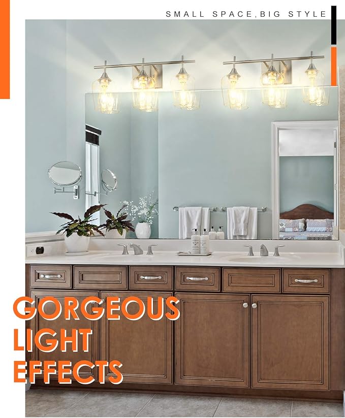 3 Light Bathroom Light Fixtures Over Mirror, 21 Inch Brushed Nickel Bathroom Vanity Lights, Modern Farmhouse Bath Wall Sconces with Clear Glass Shade, WL9167-3C